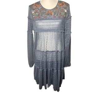 Anthropologie Maeve Blue Sarama Embroidered Tunic Dress Large Long Sleeve Ruffle